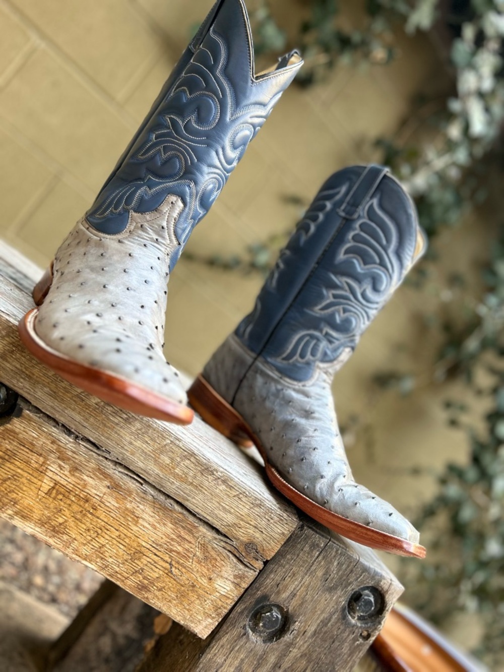 Handmade Gray Ostrich & Blue Square Toe Cowboy Boots Size 10D